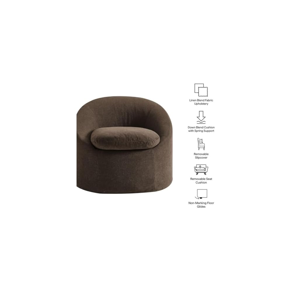 Modway Sadie Linen-Blend Slipcovered Round Armchair in Cocoa – Upholstered Fabric Barrel Accent Chair with Removable Down Blend Seat Cushion