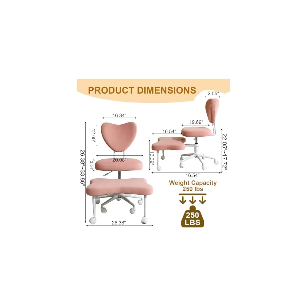 Cross Legged Office Chair, Velvet Ergonomic Criss Cross Chair with Wheels with Adjustable Height and Back Support for Yoga & ADHD, Wide Kneeling Chair, Home and Office,Yoga Chair, Pink
