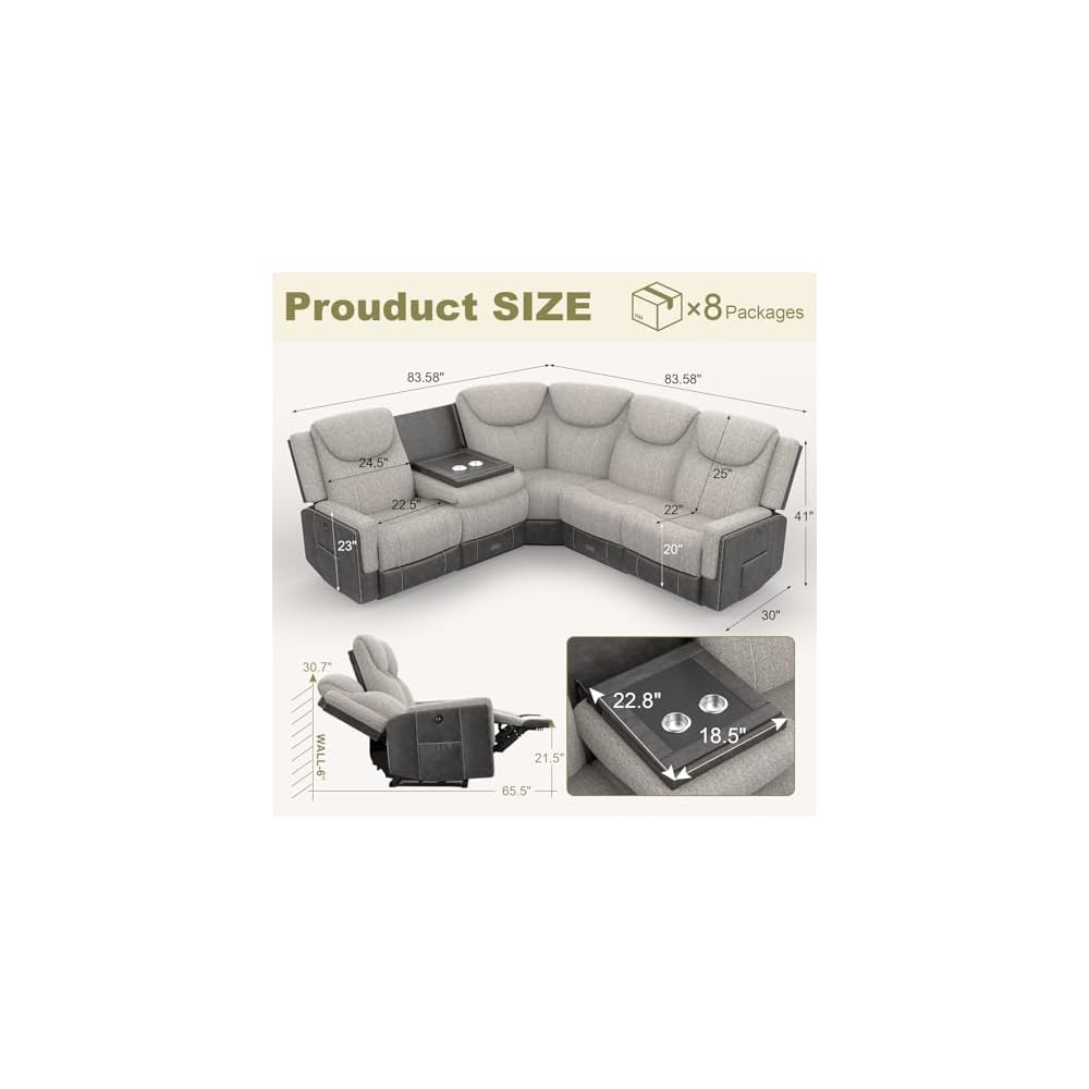 Dresegmt Manual Recliner Sectional Sofa for Living Room, Corner Couch with Flip Middle Backrest, USB Ports & Cup Holders, Grey Linen & Chocolate Leather, 5 Seater Sectional Couch