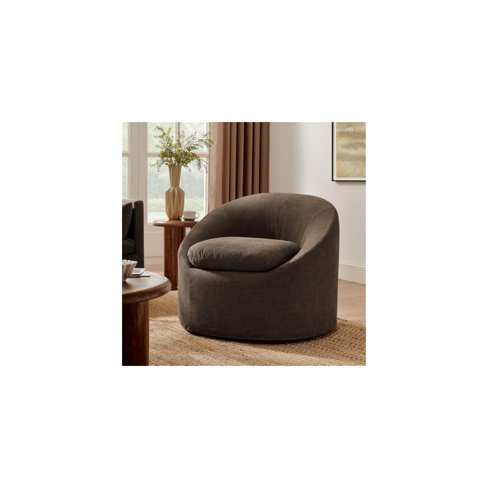 Modway Sadie Linen-Blend Slipcovered Round Armchair in Cocoa – Upholstered Fabric Barrel Accent Chair with Removable Down Blend Seat Cushion