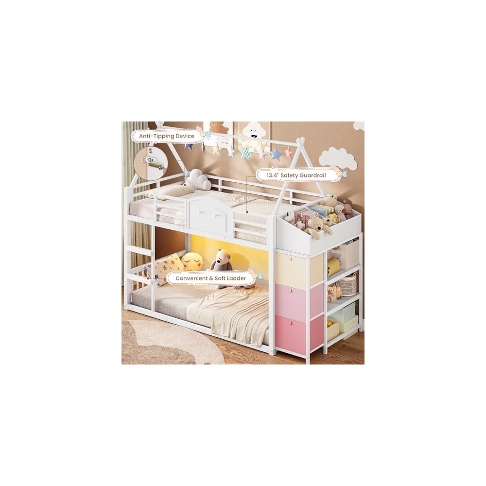 VIAGDO Bunk Bed Twin Over Twin with 3 Storage Drawers and Shelves, House Shaped Bunk Bed with Stairs and Guardrail, Metal Twin Floor Bed with LED Lights for Kids Teens Boys Girls, Dorm, Bedroom, White