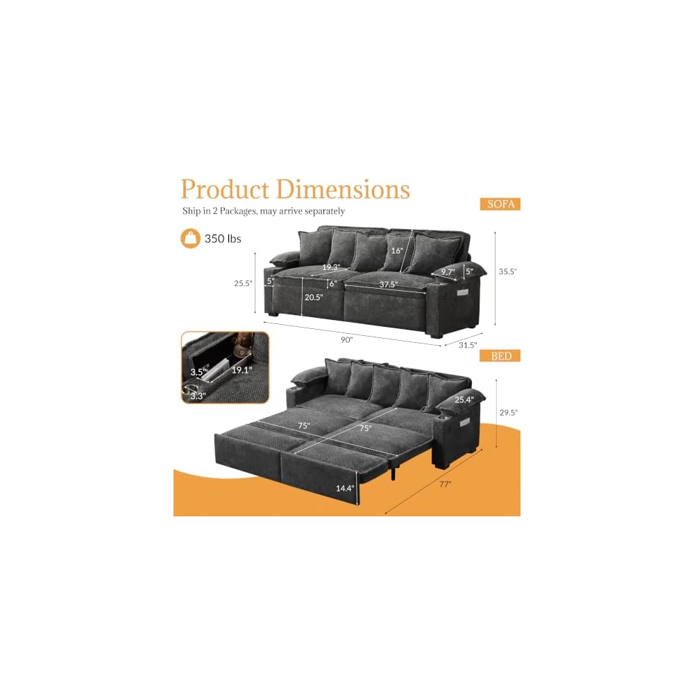 SUNWAVE 90" King Size Pull Out Sofa Bed, 3-in-1 Sleeper Sofa Bed Couch