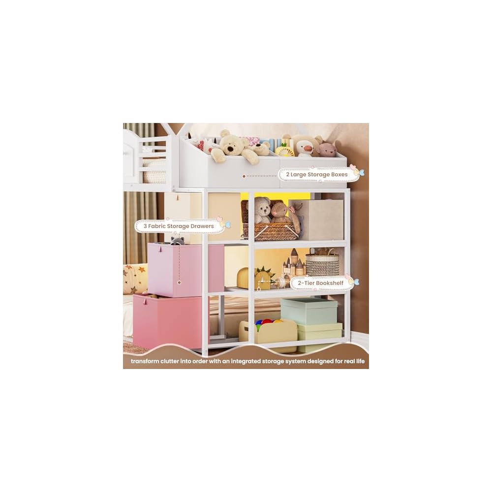 VIAGDO Bunk Bed Twin Over Twin with 3 Storage Drawers and Shelves, House Shaped Bunk Bed with Stairs and Guardrail, Metal Twin Floor Bed with LED Lights for Kids Teens Boys Girls, Dorm, Bedroom, White