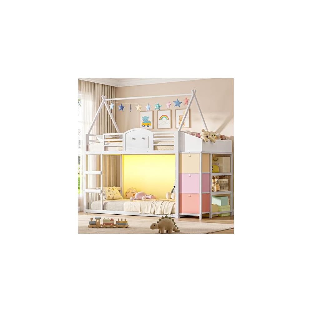 VIAGDO Bunk Bed Twin Over Twin with 3 Storage Drawers and Shelves, House Shaped Bunk Bed with Stairs and Guardrail, Metal Twin Floor Bed with LED Lights for Kids Teens Boys Girls, Dorm, Bedroom, White