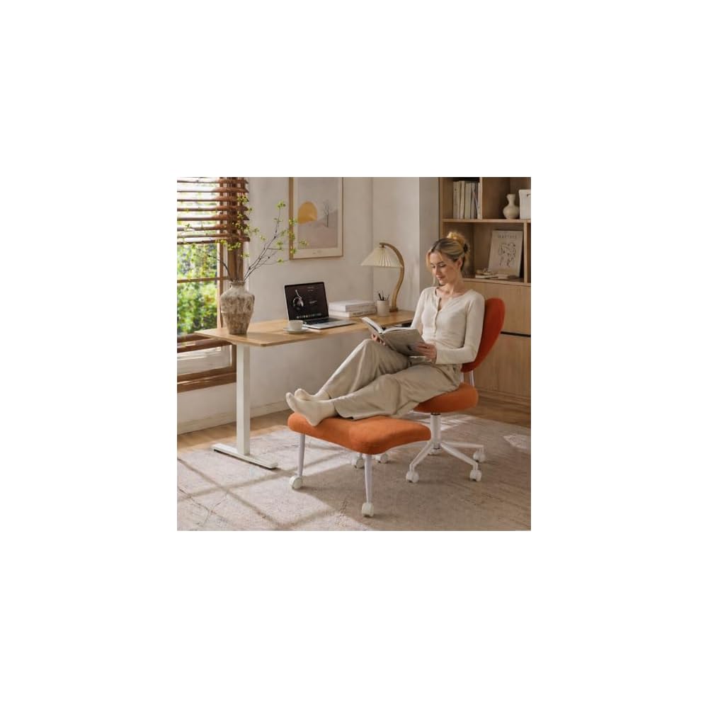Cross Legged Office Chair, Velvet Ergonomic Criss Cross Chair with Wheels with Adjustable Height and Back Support for Yoga & ADHD, Wide Kneeling Chair, Home and Office,Yoga Chair, Pink