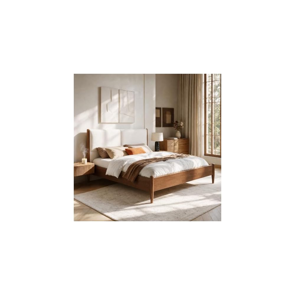 CHITA Queen Size Upholstered Platform Bed with Waterproof Headboard, Walnut
