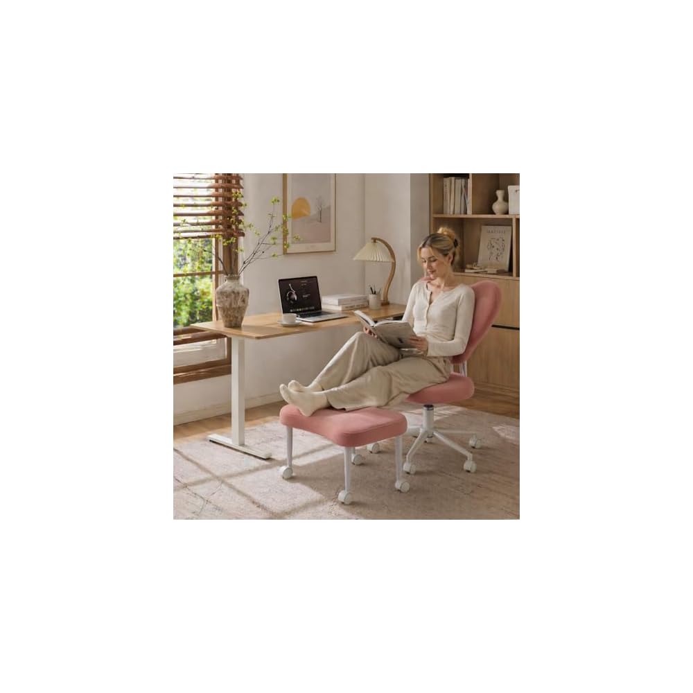 Cross Legged Office Chair, Velvet Ergonomic Criss Cross Chair with Wheels with Adjustable Height and Back Support for Yoga & ADHD, Wide Kneeling Chair, Home and Office,Yoga Chair, Pink