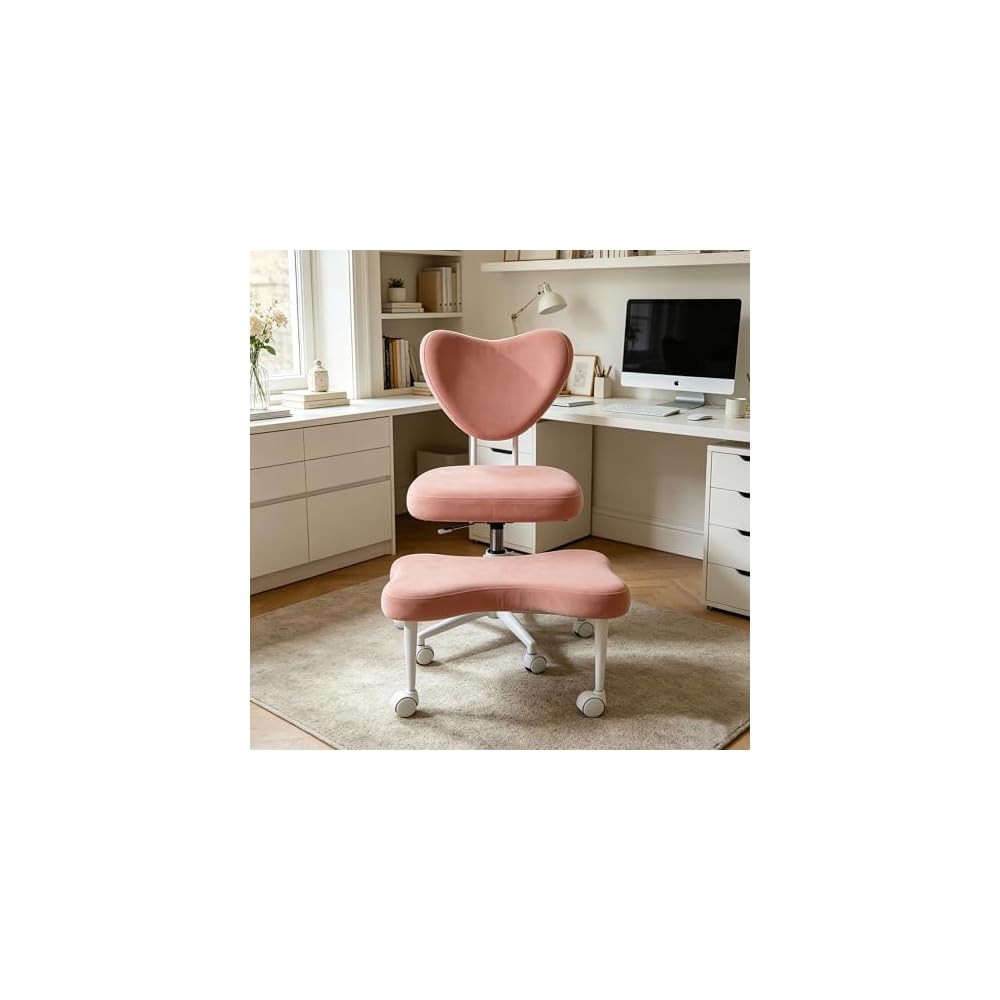Cross Legged Office Chair, Velvet Ergonomic Criss Cross Chair with Wheels with Adjustable Height and Back Support for Yoga & ADHD, Wide Kneeling Chair, Home and Office,Yoga Chair, Pink