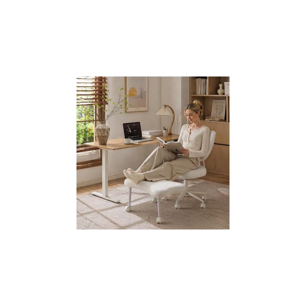 Cross Legged Office Chair, Velvet Ergonomic Criss Cross Chair with Wheels with Adjustable Height and Back Support for Yoga & ADHD, Wide Kneeling Chair, Home and Office,Yoga Chair, Pink