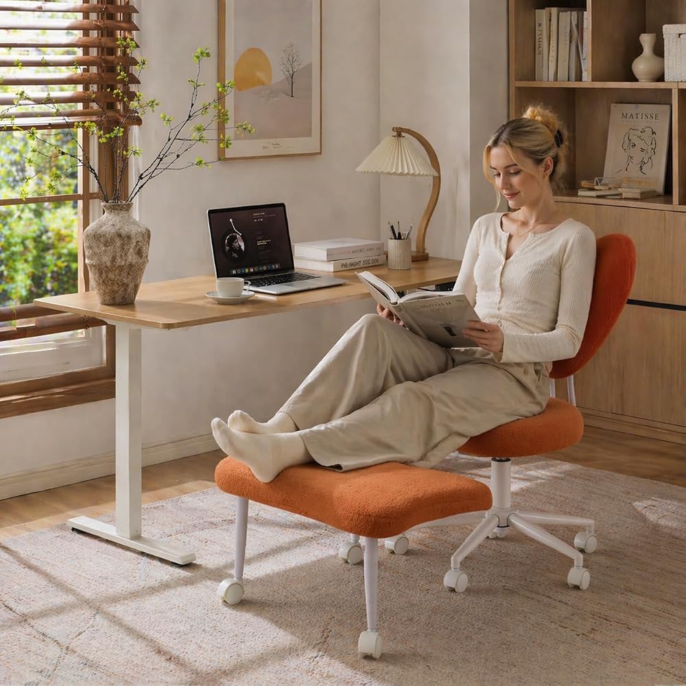 Cross Legged Office Chair, Velvet Ergonomic Criss Cross Chair with Wheels with Adjustable Height and Back Support for Yoga & ADHD, Wide Kneeling Chair, Home and Office,Yoga Chair, Pink